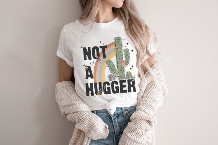 Not a Hugger Funny Cacti Cactus Saying Desert Rainbow Soft Unisex Graphic Tee T-shirt