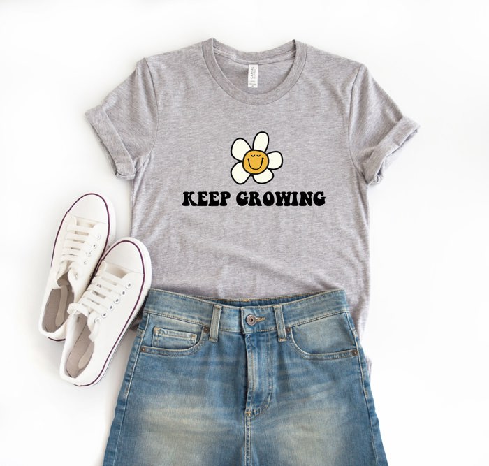 Keep Growing Smiling Flower Soft Cozy Longer Length Unisex Graphic Tee T-shirt