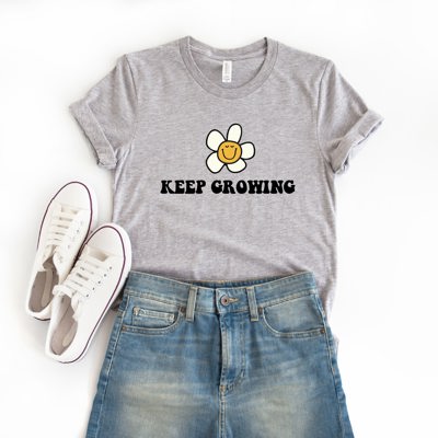 Keep Growing Smiling Flower Soft Cozy Longer Length Unisex Graphic Tee T-shirt