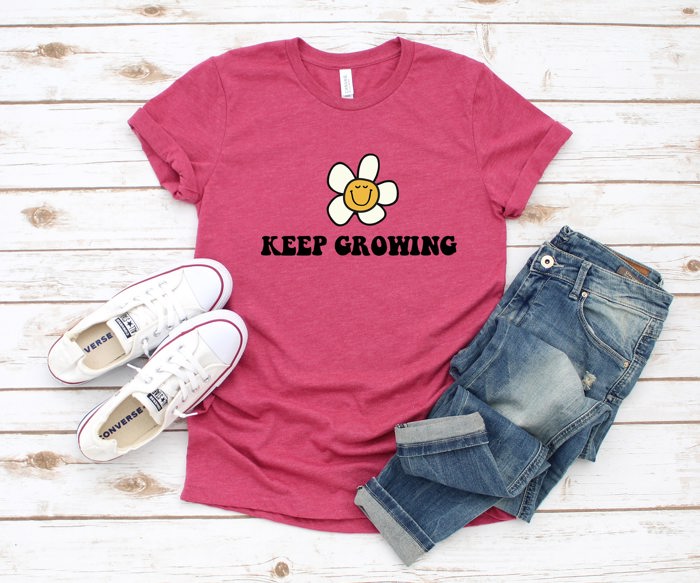 Keep Growing Smiling Flower Soft Cozy Longer Length Unisex Graphic Tee T-shirt