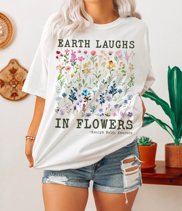 The Earth Laughs In Flowers Rainbow Watercolor Flowers  Retro Boho Hippie Style Soft Unisex Graphic Tee T-shirt