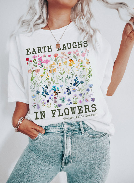 The Earth Laughs In Flowers Rainbow Watercolor Flowers  Retro Boho Hippie Style Soft Unisex Graphic Tee T-shirt