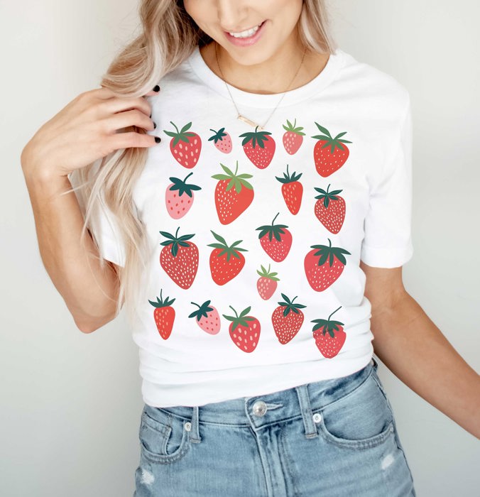 Deliciously Ripe & Red Strawberries Strawberry Berry Design Soft Unisex Graphic Tee T-shirt