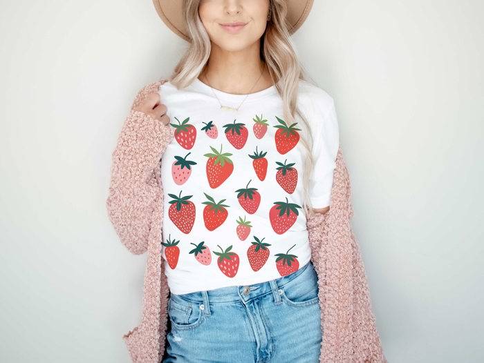 Deliciously Ripe & Red Strawberries Strawberry Berry Design Soft Unisex Graphic Tee T-shirt