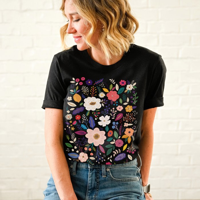 Folk Art Florals Soft Cozy Longer Length Unisex Graphic Tee T-shirt