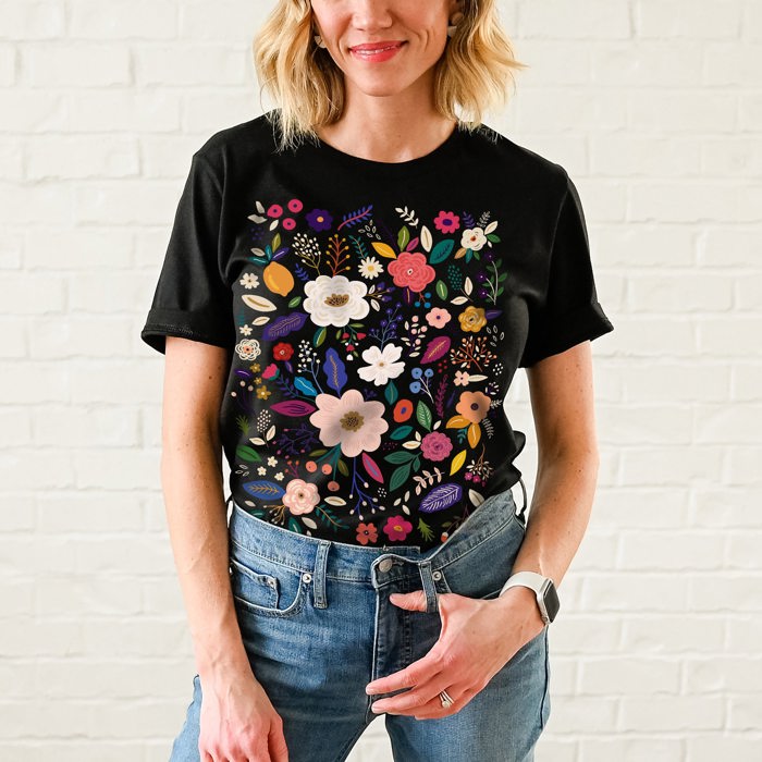 Folk Art Florals Soft Cozy Longer Length Unisex Graphic Tee T-shirt