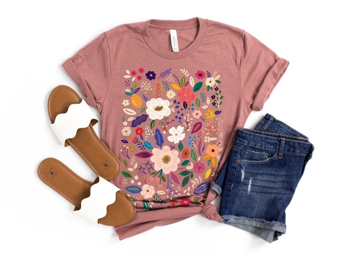 Folk Art Florals Soft Cozy Longer Length Unisex Graphic Tee T-shirt