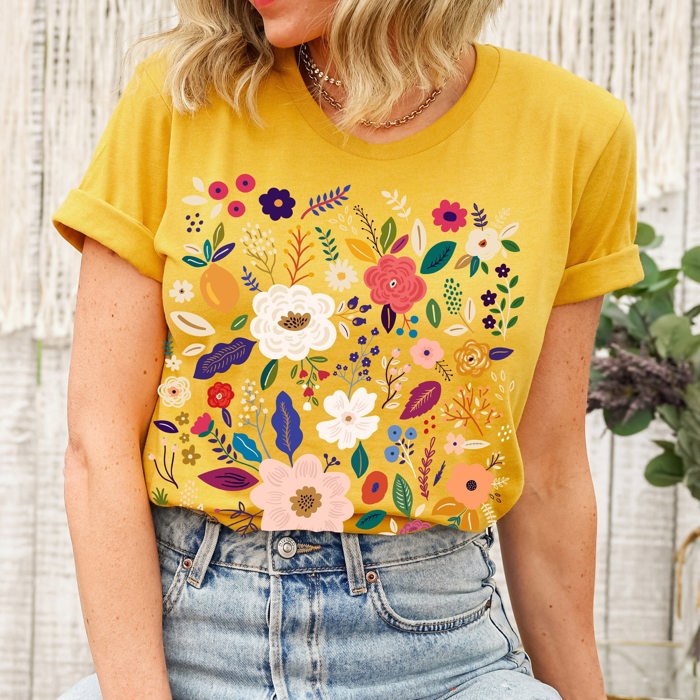 Folk Art Florals Soft Cozy Longer Length Unisex Graphic Tee T-shirt