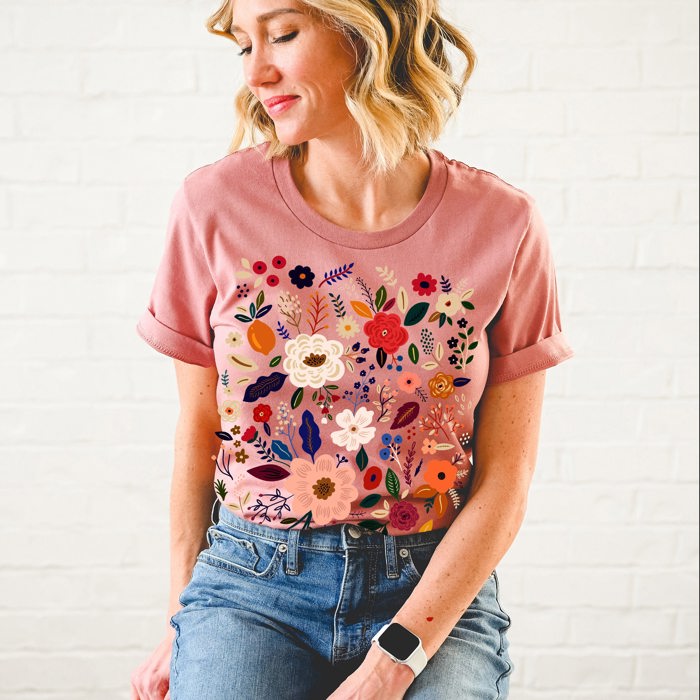 Folk Art Florals Soft Cozy Longer Length Unisex Graphic Tee T-shirt