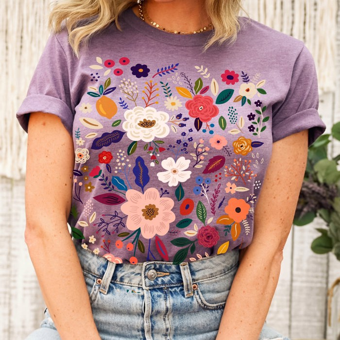 Folk Art Florals Soft Cozy Longer Length Unisex Graphic Tee T-shirt