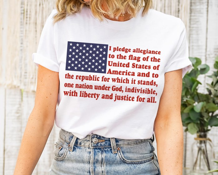 Pledge of Allegiance Flag American Fourth of July Soft Cozy Longer Length Unisex Graphic Tee T-shirt