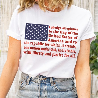 Pledge of Allegiance Flag American Fourth of July Soft Cozy Longer Length Unisex Graphic Tee T-shirt