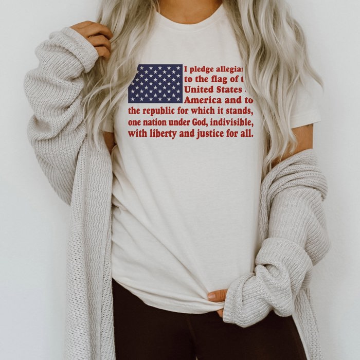 Pledge of Allegiance Flag American Fourth of July Soft Cozy Longer Length Unisex Graphic Tee T-shirt