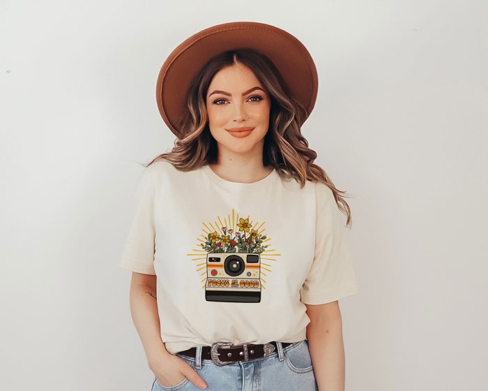 Focus On The Good Camera Photography Vintage Flowers 1970's Style Retro Soft Unisex Graphic Tee T-shirt