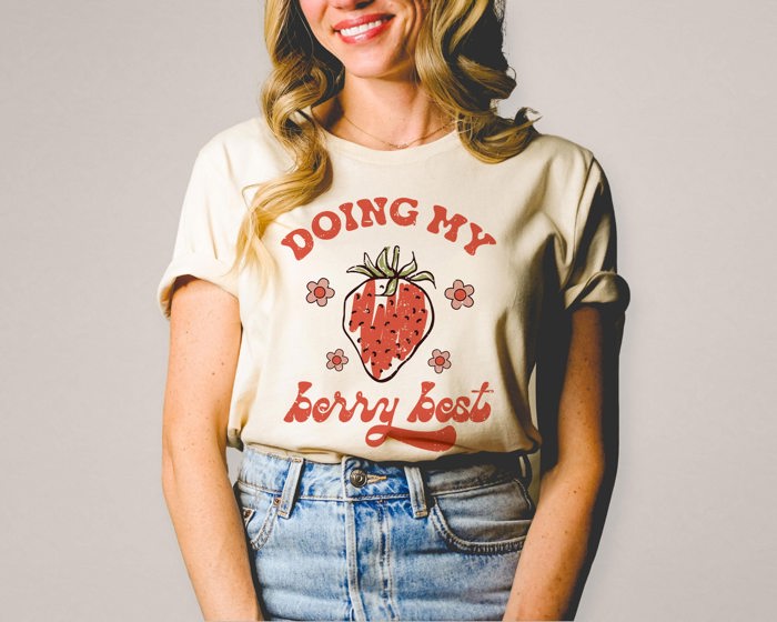 Doing My Berry Best Strawberry Vintage Flowers 1970's Style Retro Soft Unisex Graphic Tee T-shirt