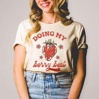 Doing My Berry Best Strawberry Vintage Flowers 1970's Style Retro Soft Unisex Graphic Tee T-shirt