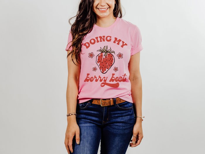 Doing My Berry Best Strawberry Vintage Flowers 1970's Style Retro Soft Unisex Graphic Tee T-shirt