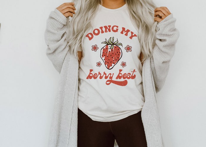 Doing My Berry Best Strawberry Vintage Flowers 1970's Style Retro Soft Unisex Graphic Tee T-shirt