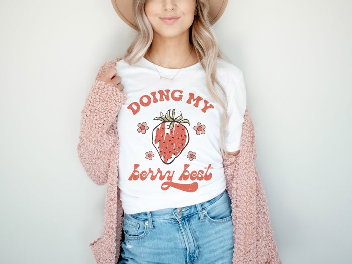 Doing My Berry Best Strawberry Vintage Flowers 1970's Style Retro Soft Unisex Graphic Tee T-shirt