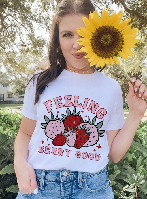 Feeling Berry Good Strawberry Retro Boho Vintage Soft Unisex Graphic Tee T-shirt