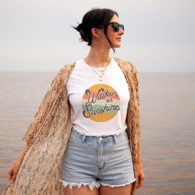 Walking On Sunshine Vintage Retro Boho Outdoorsy Beach Lovers Soft Unisex Graphic Tee T-shirt