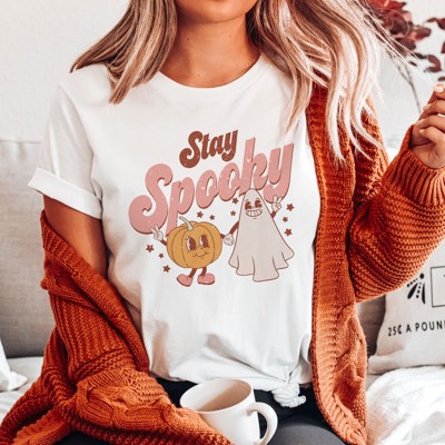 Stay Spooky Pumpkin and Ghost Retro Halloween Soft Unisex Graphic Tee T-shirt