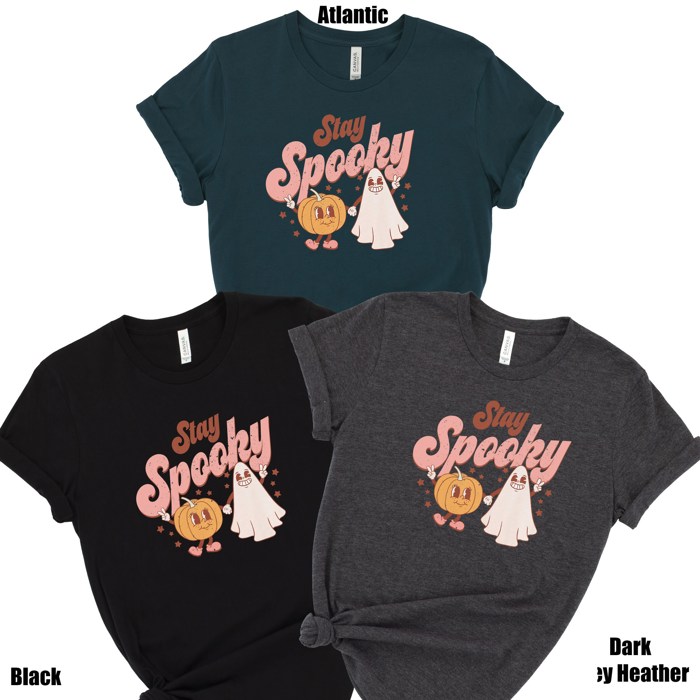 Stay Spooky Pumpkin and Ghost Retro Halloween Soft Unisex Graphic Tee T-shirt