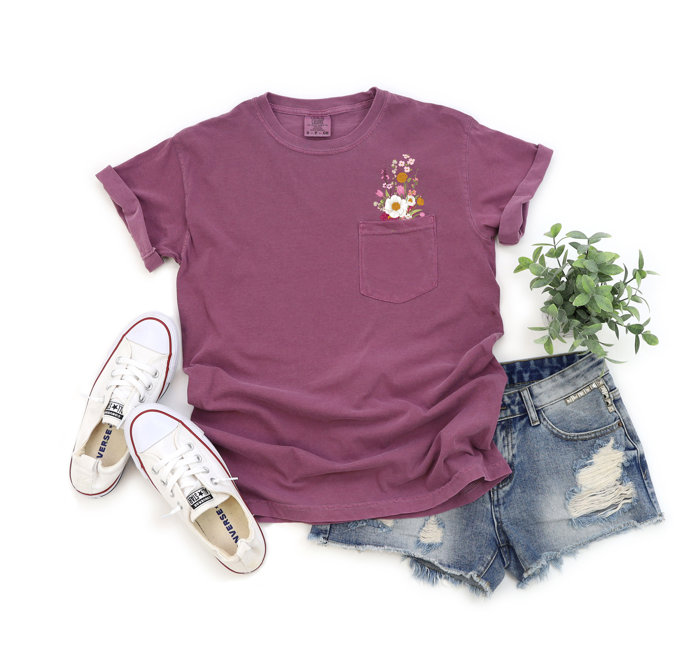 Faux Embroidery Wild Flower Pocket Unisex Heavyweight Comfort Tee