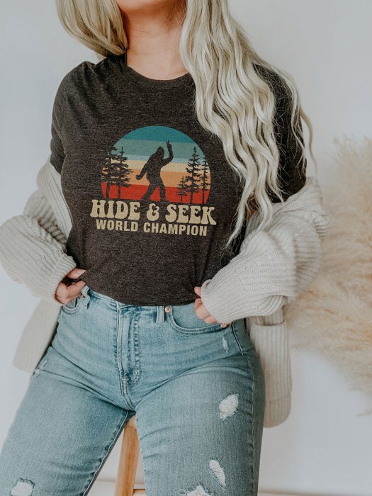 Hide and Seek Champ Big Foot Sasquatch Soft Unisex Graphic Tee T-shirt