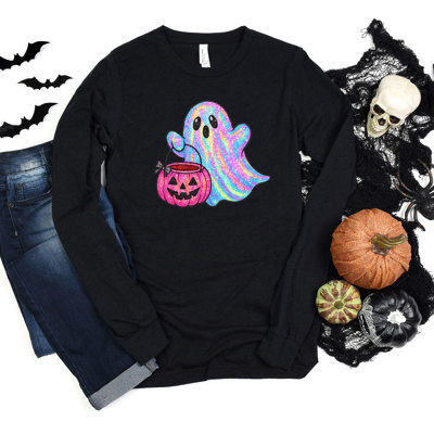 Pink Sparkle Ghost With Candy Bucket - Long Sleeve (Crewneck)