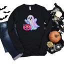  Pink Sparkle Ghost With Candy Bucket - Long Sleeve (Crewneck)