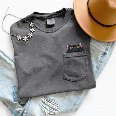 REAL Embroidered Pocket Black Cat - Soft Wash 100 Percent Cotton  Garment-Dyed Heavyweight  (Unisex) Comfort Colors