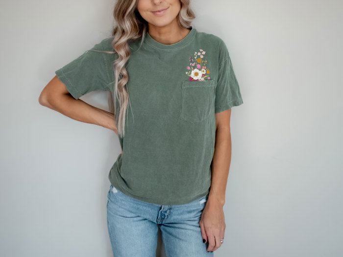 Faux Embroidery Wild Flower Comfort Heavyweight Premium Pocket Tees | Unisex Sizing