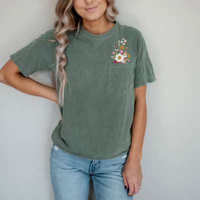 Faux Embroidery Wild Flower Comfort Heavyweight Premium Pocket Tees | Unisex Sizing