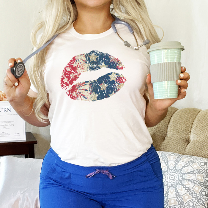 USA Patriotic Watercolor Grunge Flag LIPS Fourth of July American Ultra Soft Graphic Tee Unisex Soft Tee T-shirt for Women or Men