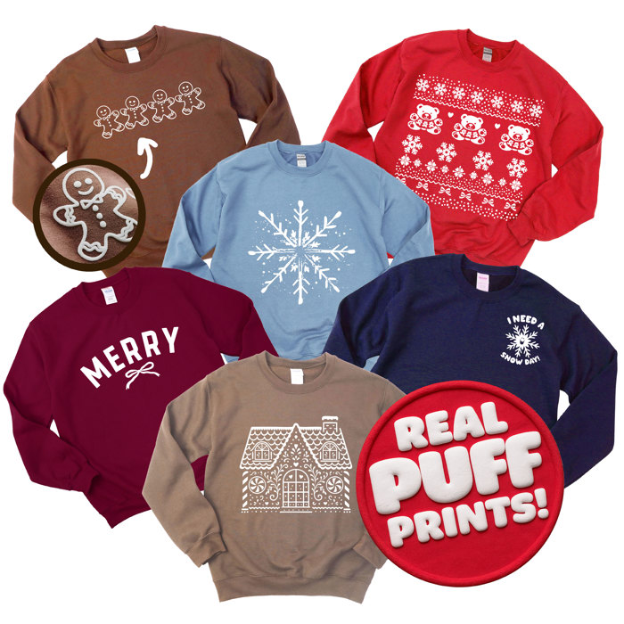 ALL Real PUFF Print Christmas Sweatshirts - Comfy Drop Shoulder Style!