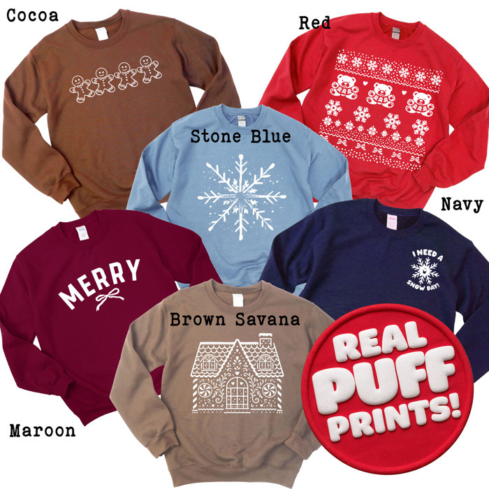ALL Real PUFF Print Christmas Sweatshirts - Comfy Drop Shoulder Style!