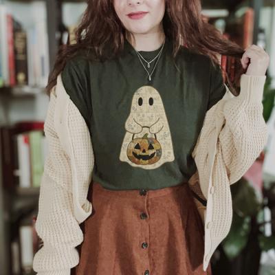 Faux Quilted Spooky Halloween Ghostie - T-Shirt (Crewneck)  100 Cotton Solid Colors Jersey Tee (Unisex)  Bella Canvas, T-Shirt (Crewneck)  Poly-Cotton Heath