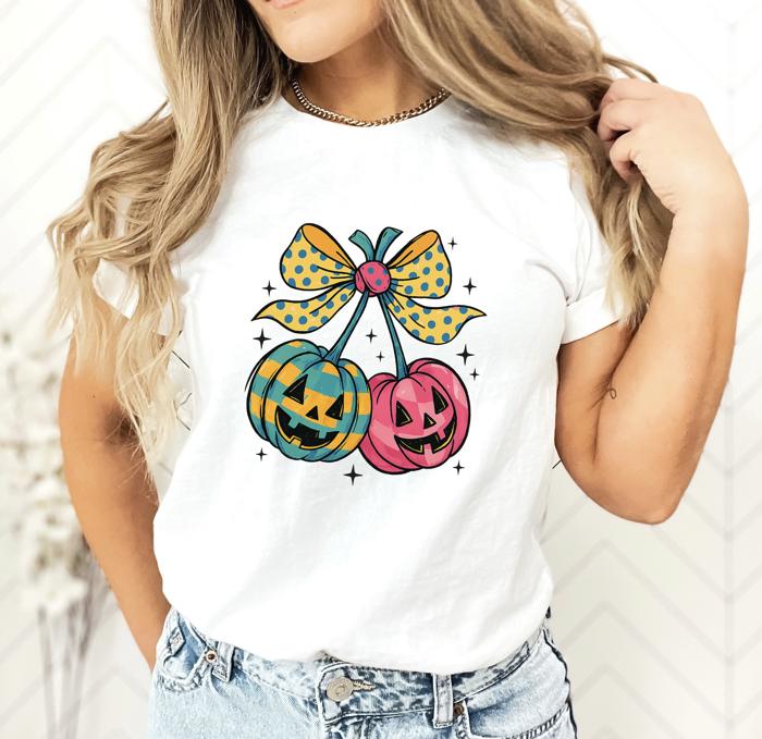 Cute Cartoon Style Pumpkin Cherries Bright Colors - Soft Longer Length Bella Canvas