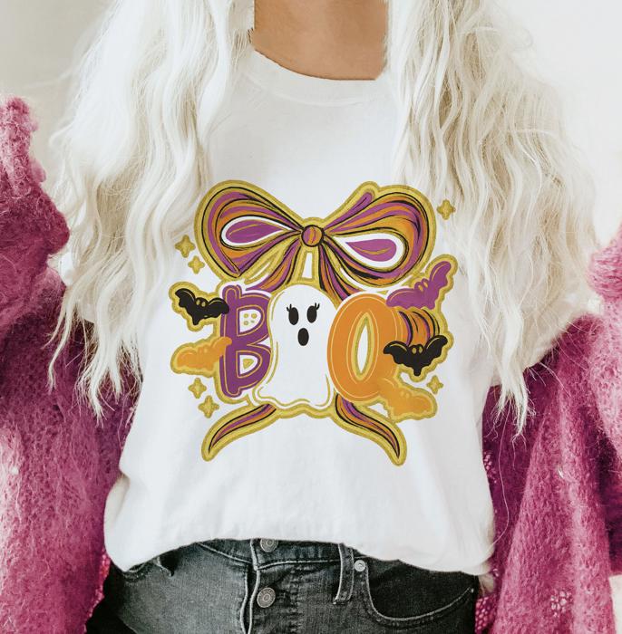 Cute Faux Sparkle Boo Bow - T-Shirt (Crewneck)  100 Cotton Solid Colors Jersey Tee (Unisex)  Bella Canvas, T-Shirt (Crewneck)  Poly-Cotton Heathered Colors Jerse