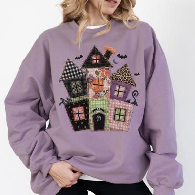 Faux Quilted Spooky Haunted Halloween House - Comfy Dropshoulder Sweatshirt