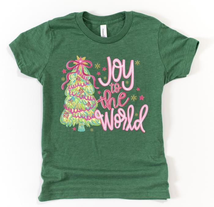 Joy To The World Christmas Tree Colorful - T-Shirt (Crewneck)  100 Cotton Solid Colors Jersey Tee (Unisex)  Bella Canvas, T-Shirt (Crewneck)  Poly-Cotton He