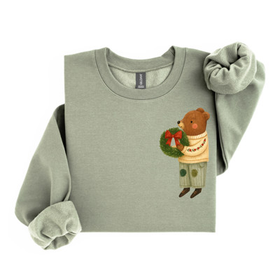 Vintgage Christmas Teddy Bear With Wreath - Sweatshirt (Crewneck)  Poly-Cotton Colors (Unisex)  Gildan, Unisex Softstyle Midweight Crewneck Sweatshirt