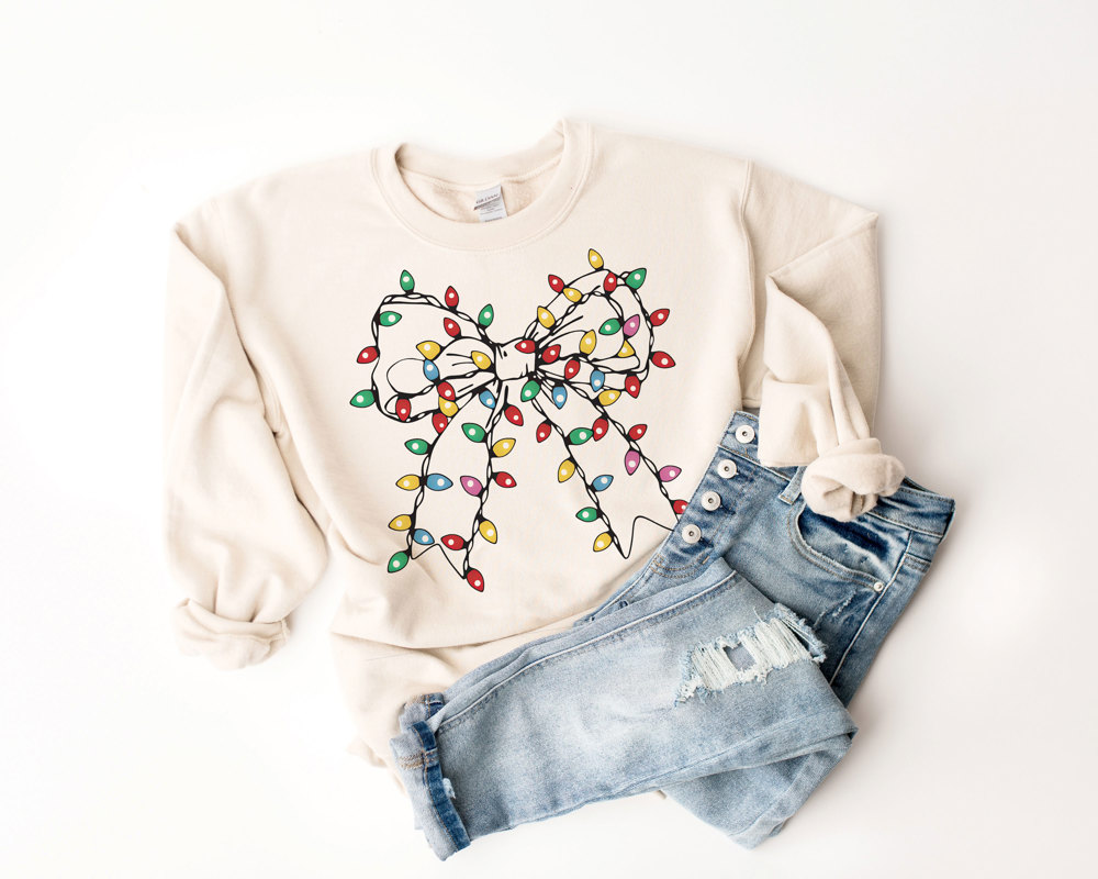 Christmas Lights Bow Comfy Christmas Holiday Sweatshirt