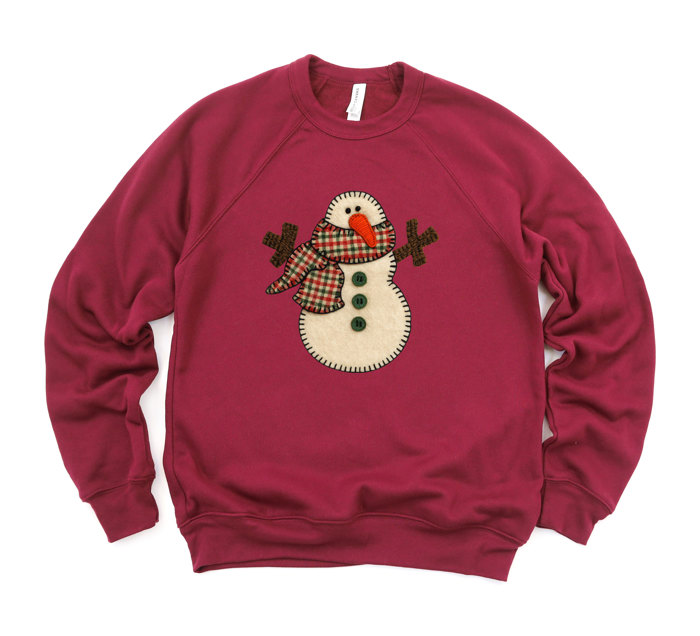FAUX (Printed) Applique Snowman - Ultra Soft Sweatshirt Sponge Fleece Raglan Bella Canvas
