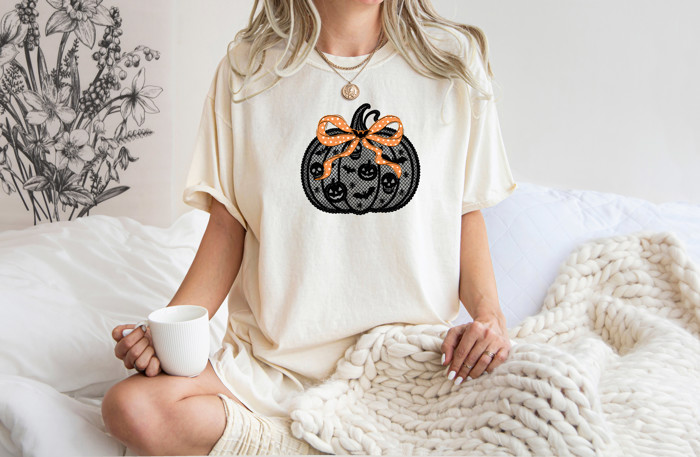 Faux Black Lace Halloween Pumpkin With Bow For Fall - T-Shirt (Crewneck)  100 Cotton Heavyweight Tee (Unisex)  Comfort Colors