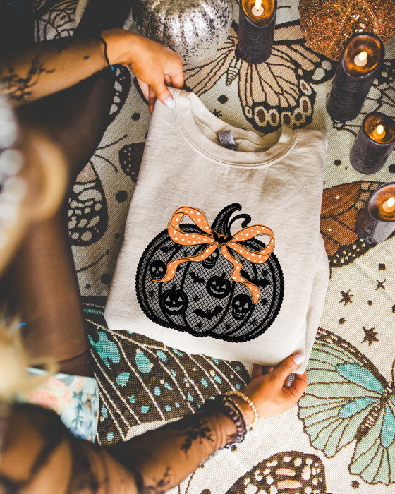 Faux Black Lace Pumpkin With Bow For Halloween and Fall - Sweatshirt (Crewneck)  Poly-Cotton Colors (Unisex)  Gildan