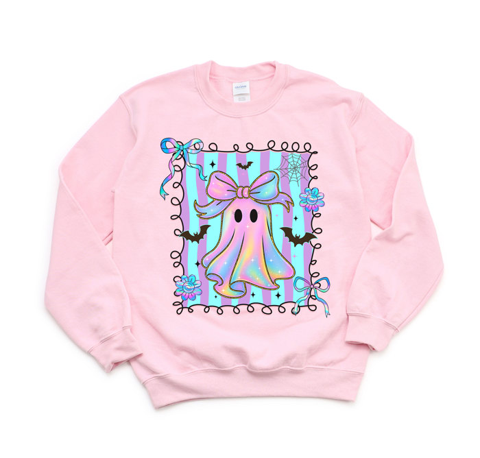 Faux Iridescent Bow Ghost With Square - Halloween Cutie  - Cozy Sweatshirts