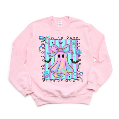 Faux Iridescent Bow Ghost With Square - Halloween Cutie  - Cozy Sweatshirts