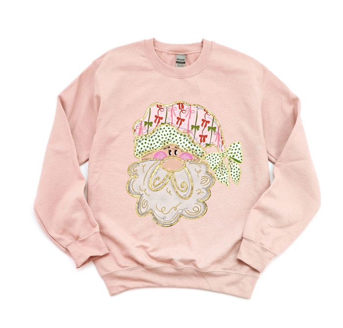 Preppy Bow Santa Claus For Christmas With Faux Gold Accents - Comfy Drop Shoulder Sweatshirt